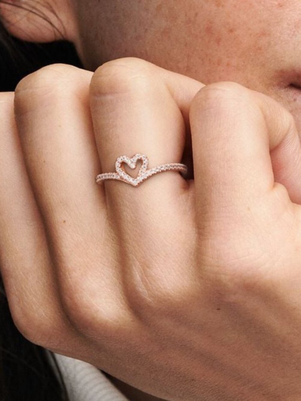 Pandora Sparkling Wishbone Heart Ring Rose Gold Plated Size 58 (8.5) - Picture 10 of 12